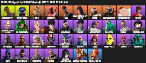 [PC/XBOX] | 37 skins | 500 V-bucks | Travis Scott | Astro Jack | Zeus | Deadpool | Fade | Gear Specialist Maya | Drift | Mandalorian | Peter Griffin | Full Access