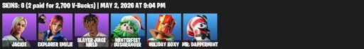 [PC/PSN/XBOX] | 6 skins | 500 V-bucks | Jackie | Explorer Emilie | Slayer Juice WRLD | Winterfest Bushranger | Holiday Boxy | Mr. Dappermint | Full Access