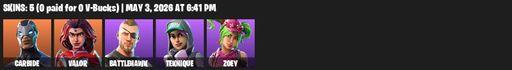[PC/PSN/XBOX] | 5 skins | 750 V-bucks | Carbide | Valor | Battlehawk | Teknique | Zoey | Positron | Gale Force | Lollipopper | Default Pickaxe | Full Access