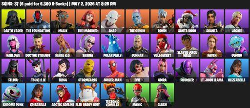 [PC/XBOX] | 37 skins | 750 V-bucks | Darth Vader | The Foundation | Malik | The Imagined | Snap | The Origin | Ronin | Santa Dogg | Shanta | Jackie | Full Access