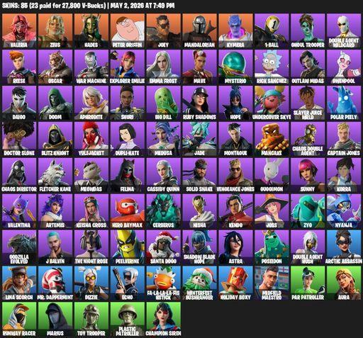 [PC] | 85 skins | Valeria | Zeus | Hades | Peter Griffin | Joey | Mandalorian | Kymera | 1-Ball | Ghoul Trooper | Double Agent Wildcard | Reese | Full Access