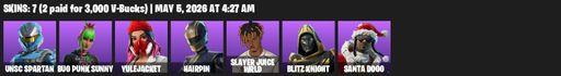 [PC/PSN/XBOX] | 7 skins | 900 V-bucks | UNSC Spartan | Bug Punk Sunny | Yulejacket | Hairpin | Slayer Juice WRLD | Blitz Knight | Santa Dogg | Full Access