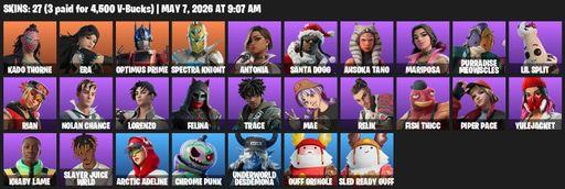 [PC/PSN/XBOX] | 27 skins | 550 V-bucks | Kado Thorne | Era | Optimus Prime | Spectra Knight | Antonia | Santa Dogg | Ahsoka Tano | Mariposa | Full Access