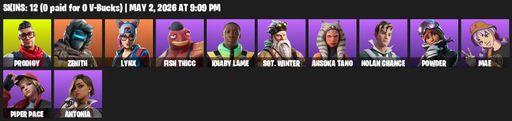 [PC/XBOX] | 12 skins | 750 V-bucks | Prodigy | Zenith | Lynx | Fish Thicc | Khaby Lame | Sgt. Winter | Ahsoka Tano | Nolan Chance | Powder | Mae | Full Access