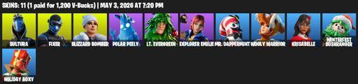 [PC/XBOX] | 11 skins | Sultura | Fixer | Blizzard Bomber | Polar Peely | Lt. Evergreen | Explorer Emilie | Mr. Dappermint | Wooly Warrior | Krisabelle | Full Access