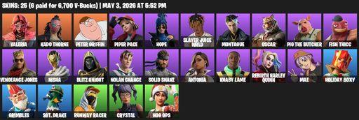 [PC/PSN/XBOX] | 25 skins | Valeria | Kado Thorne | Peter Griffin | Piper Pace | Hope | Slayer Juice WRLD | Montague | Oscar | Pig the Butcher | Full Access