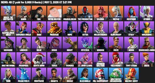 [PC/PSN/XBOX] | 49 skins | Renzo the Destroyer | Ronin | Era | Peter Griffin | Mandalorian | The Foundation | Valeria | Mizuki | Mystique | Storm | Full Access