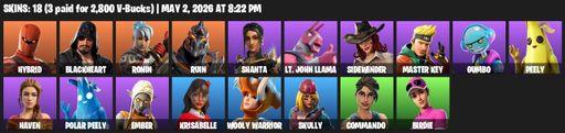 [PC/PSN/XBOX] | 18 skins | Hybrid | Blackheart | Ronin | Ruin | Shanta | Lt. John Llama | Sidewinder | Master Key | Gumbo | Peely | Haven | Full Access