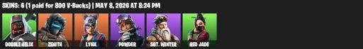 [PC/PSN/XBOX] | 6 skins | 1600 V-bucks | Double Helix | Zenith | Lynx | Powder | Sgt. Winter | Red Jade | Scratchmark | Scorcher | Abominable Axe | Full Access
