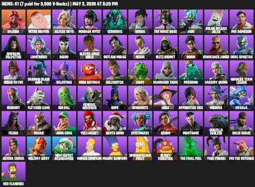 [PC/PSN] | 61 skins | Valeria | Peter Griffin | Haylee Skye | Morgan Myst | Cerberus | Korra | The Night Rose | Jade | Color Splash Jellie | Full Access