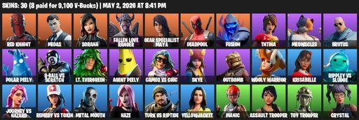 [PC/PSN/XBOX] | 30 skins | Red Knight | Midas | Sorana | Fallen Love Ranger | Gear Specialist Maya | Deadpool | Fusion | TNTina | Meowscles | Brutus | Full Access