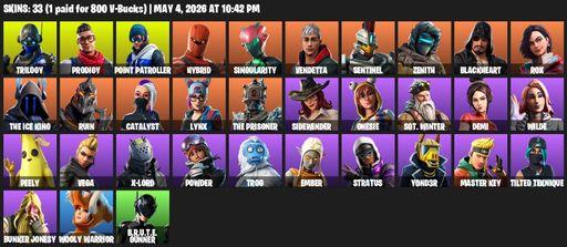 [PC/PSN/XBOX] | 33 skins | 950 V-bucks | Trilogy | Prodigy | Point Patroller | Hybrid | Singularity | Vendetta | Sentinel | Zenith | Blackheart | Rox | Full Access