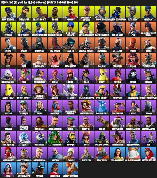 [PC/XBOX] | 105 skins | Take The L | OG STW | Travis Scott | Royale Knight | The Reaper | Elite Agent | Blue Squire | Omega | Blue Striker | Scout | Full Access