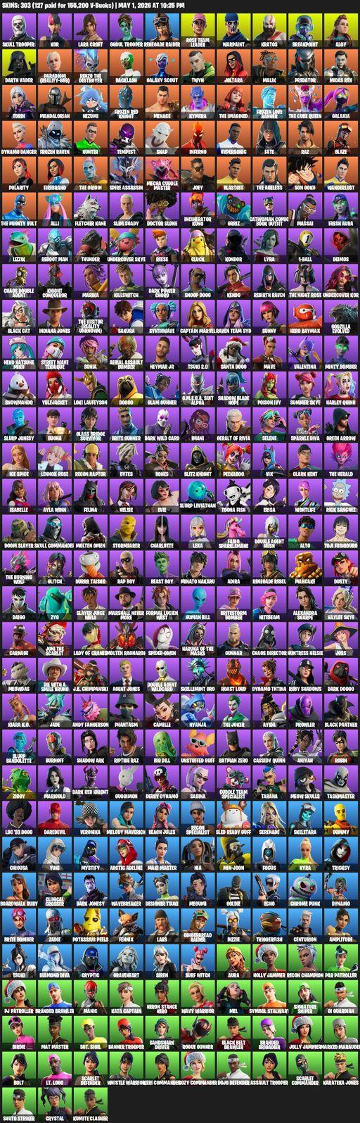 [PC/PSN/XBOX] | 303 skins | Leviathan Axe | OG STW | Renegade Raider | Lara Croft | Skull Trooper  | Kor | Ghoul Trooper | Rose Team Leader | Warpaint | Full Access