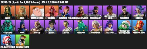 [PC/PSN/XBOX] | 22 skins | 1100 V-bucks | Hades | Zeus | Peter Griffin | Valeria | Explorer Emilie | Vengeance Jones | Solid Snake | Slayer Juice WRLD | Full Access