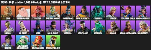 [PC/PSN/XBOX] | 24 skins | Zeus | Peter Griffin | Valeria | Spectra Knight | Omegarok | Trailblazer Tai | Cerberus | Jackie | Explorer Emilie | Full Access
