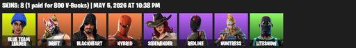 [PC/PSN/XBOX] | 8 skins | 550 V-bucks | Blue Team Leader | Drift | Blackheart | Hybrid | Sidewinder | Redline | Huntress | Liteshow | Swag Smasher | Full Access