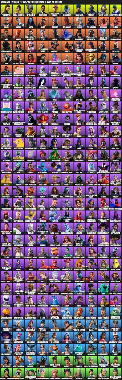 [PC] | 310 skins | Take The L | OG STW | The Reaper | Elite Agent | Omega | World Warrior | John Wick | Rose Team Leader | Breakpoint | Warpaint | Full Access