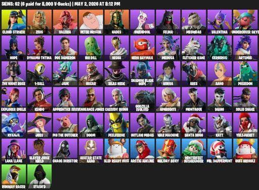 [PC/XBOX] | 62 skins | 750 V-bucks | Cloud Striker | Zeus | Valeria | Peter Griffin | Hades | Gwenpool | Felina | Meowdas | Valentina | Full Access