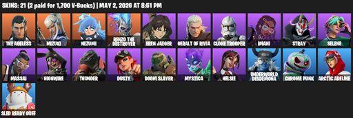 [PC/PSN/XBOX] | 21 skins | 950 V-bucks | The Ageless | Mizuki | Nezumi | Renzo the Destroyer | Eren Jaeger | Geralt of Rivia | Clone Trooper | Imani | Full Access