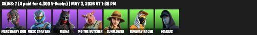 [PC/PSN/XBOX] | 7 skins | 500 V-bucks | Mercenary Kor | UNSC Spartan | Felina | Pig the Butcher | Sunflower | Runway Racer | Marius | Ember Pick | Full Access