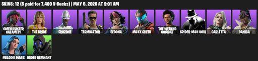 [PC/PSN] | 12 skins | Omen Hunter Calamity | The Bride | Frozone | Terminator | Sedona | Maxx Speed | The Weeknd Combat | Spider-Man Noir | Carletta | Full Access