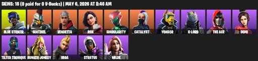 [PC/PSN/XBOX] | 15 skins | 500 V-bucks | Blue Striker | Sentinel | Vendetta | Rox | Singularity | Catalyst | Y0ND3R | X-Lord | The Ace | Demi | Full Access