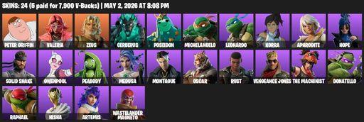 [PC/PSN] | 24 skins | Peter Griffin | Valeria | Zeus | Cerberus | Poseidon | Michelangelo | Leonardo | Korra | Aphrodite | Hope | Solid Snake | Full Access