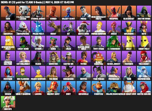 [PC/XBOX] | 61 skins | Reaper Axe | Fade | P.A.N.D.A Team Leader | Eternal Knight | Hybrid | Galaxy Scout | Midas | Gear Specialist Maya | Deadpool | Full Access