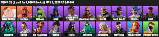 [PC/PSN] | 20 skins | 850 V-bucks | Peter Griffin | Valeria | Peabody | Hope | Slayer Juice WRLD | Vengeance Jones | Oscar | Solid Snake | Medusa | Full Access