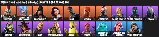[PC/XBOX] | 19 skins | Sentinel | Renzo the Destroyer | Blackheart | Rox | Fade | Hybrid | Catalyst | Scuba Jonesy | Tilted Teknique | X-Lord | Y0ND3R | Full Access
