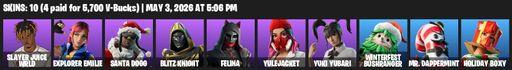 [PC/PSN/XBOX] | 10 skins | 500 V-bucks | Slayer Juice WRLD | Explorer Emilie | Santa Dogg | Blitz Knight | Felina | Yulejacket | Yuki Yubari | Full Access