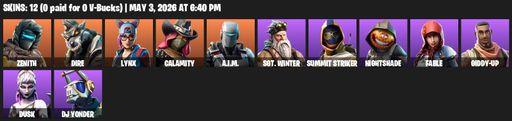 [PC/XBOX] | 12 skins | Zenith | Dire | Lynx | Calamity | A.I.M. | Sgt. Winter | Summit Striker | Nightshade | Fable | Giddy-up | Dusk | DJ Yonder | Full Access