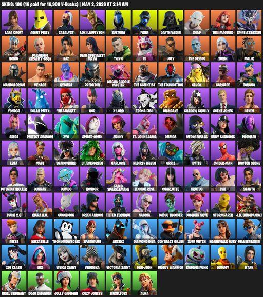 [PC/PSN/XBOX] | 106 skins | Leviathan Axe | Lara Croft | Agent Peely | Catalyst | Loki Laufeyson | Sultura | Fixer | Darth Vader | Snap | The Imagined | Full Access