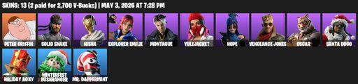 [PC/PSN] | 13 skins | Peter Griffin | Solid Snake | Nisha | Explorer Emilie | Montague | Yulejacket | Hope | Vengeance Jones | Oscar | Santa Dogg | Full Access