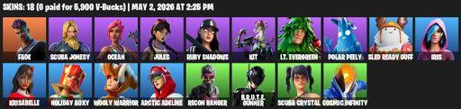 [PC/PSN/XBOX] | 18 skins | Fade | Scuba Jonesy | Ocean | Jules | Ruby Shadows | Kit | Lt. Evergreen | Polar Peely | Sled Ready Guff | Iris | Full Access