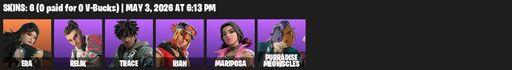 [PC/PSN/XBOX] | 6 skins | 750 V-bucks | Era | Relik | Trace | Rian | Mariposa | Purradise Meowscles | Nomad's Spear | Hunter's Reach | Lucha Slashers | Full Access