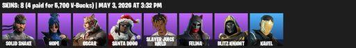 [PC/XBOX] | 8 skins | Solid Snake | Hope | Oscar | Santa Dogg | Slayer Juice WRLD | Felina | Blitz Knight | Kavel | Stun Knife | Formal Straightblade | Full Access