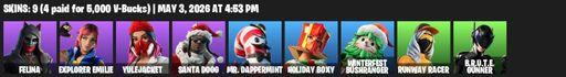 [PC/PSN/XBOX] | 9 skins | 600 V-bucks | Felina | Explorer Emilie | Yulejacket | Santa Dogg | Mr. Dappermint | Holiday Boxy | Winterfest Bushranger | Full Access