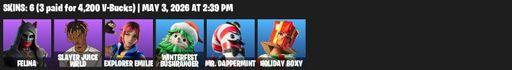 [PC/PSN/XBOX] | 6 skins | 700 V-bucks | Felina | Slayer Juice WRLD | Explorer Emilie | Winterfest Bushranger | Mr. Dappermint | Holiday Boxy | Full Access