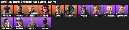 [PC/PSN/XBOX] | 14 skins | 950 V-bucks | The Visitor | Carbide | Drift | Valor | Lynx | Zenith | Powder | Zoey | Battlehawk | Squad Leader | Full Access