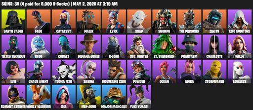 [PC] | 36 skins | 700 V-bucks | Darth Vader | Fade | Catalyst | Malik | Lynx | Snap | Shogun | The Prisoner | Zenith | Ezio Auditore | Tilted Teknique | Full Access