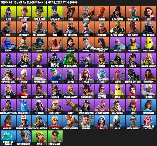 [PC/PSN/XBOX] | 84 skins | 2500 V-bucks | Merry Mint Axe | OG STW | Glow | Rose Team Leader | Trailblazer | Warpaint | Luxe | Ronin | Hybrid | Full Access