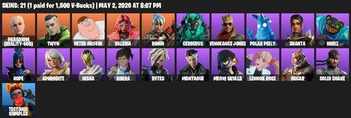 [PC/PSN/XBOX] | 21 skins | 700 V-bucks | Paradigm (Reality-659) | Twyn | Peter Griffin | Valeria | Ronin | Cerberus | Vengeance Jones | Polar Peely | Full Access