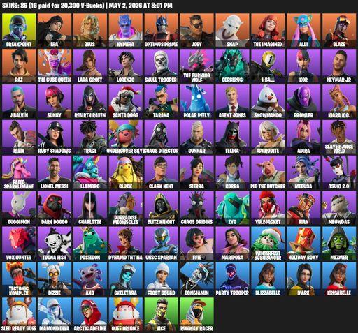 [PC] | 86 skins | Lara Croft | Breakpoint | Era | Zeus | Kymera | Optimus Prime | Joey | Snap | The Imagined | Alli | Blaze | Raz | The Cube Queen | Full Access