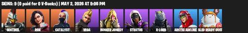 [PC/PSN] | 9 skins | Sentinel | Rox | Catalyst | Vega | Bunker Jonesy | Stratus | X-Lord | Arctic Adeline | Sled Ready Guff | Vox | Harmonic Axes | Full Access