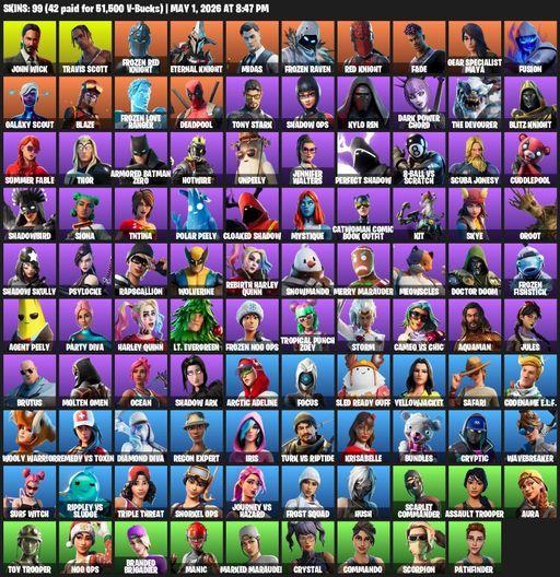 [PC/PSN] | 99 skins | Travis Scott | John Wick | Frozen Red Knight | Eternal Knight | Midas | Frozen Raven | Red Knight | Fade | Gear Specialist Maya | Full Access