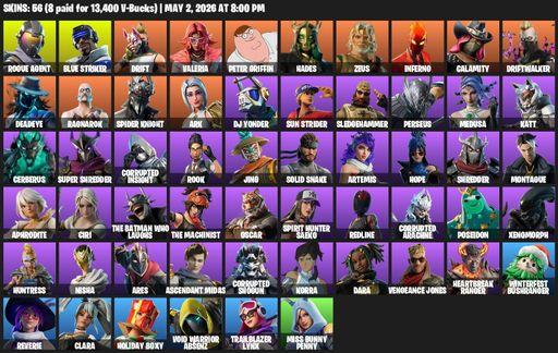 [PC/PSN] | 56 skins | 1100 V-bucks | Rogue Agent | Blue Striker | Drift | Valeria | Peter Griffin | Hades | Zeus | Inferno | Calamity | Driftwalker | Full Access