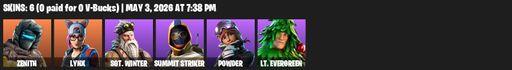[PC/PSN/XBOX] | 6 skins | 650 V-bucks | Zenith | Lynx | Sgt. Winter | Summit Striker | Powder | Lt. Evergreen | Scratchmark | Scorcher | Full Access