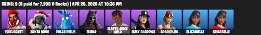 [PC/PSN/XBOX] | 9 skins | Yulejacket | Santa Dogg | Polar Peely | Felina | Slayer Juice WRLD | Ruby Shadows | Sparkplug | Blizzabelle | Krisabelle | Full Access